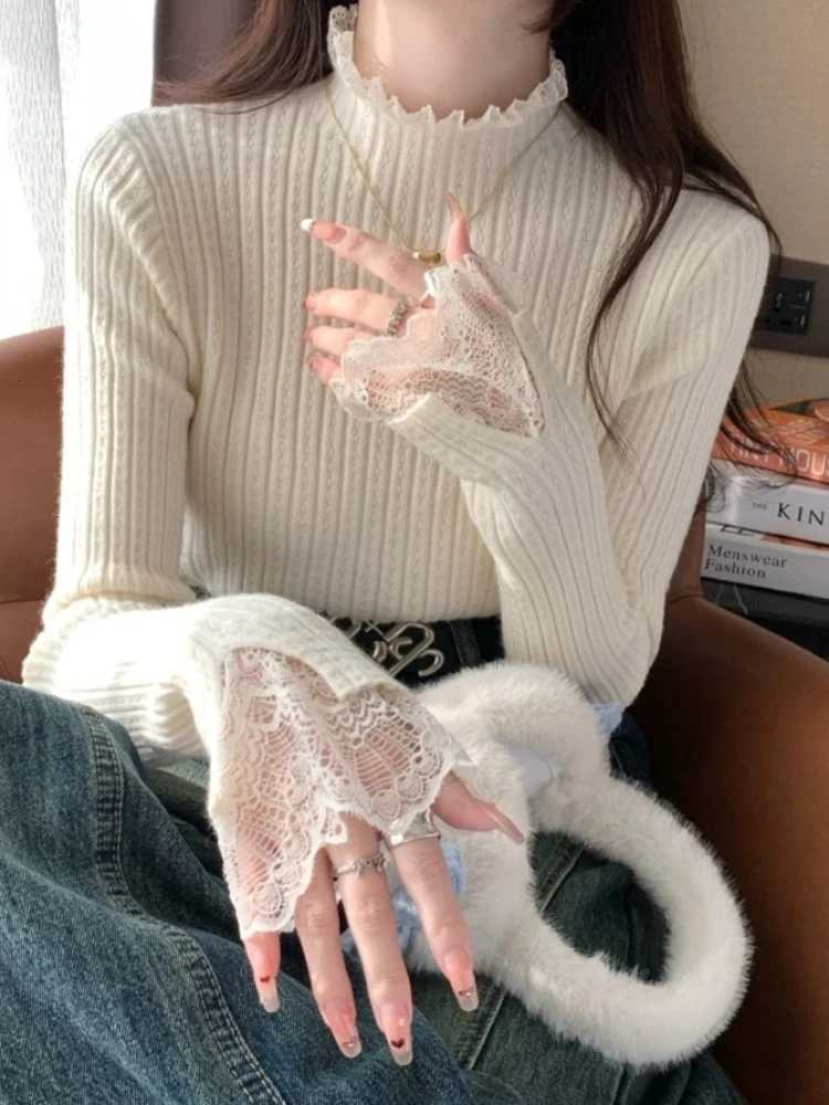 Women's Sweaters Female Long Sleeve Knit Patctwork Lace Sweater 2026 Autumn Winter Turtleneck Skinny Elastic Knitted Pullovers Women Solid Tops