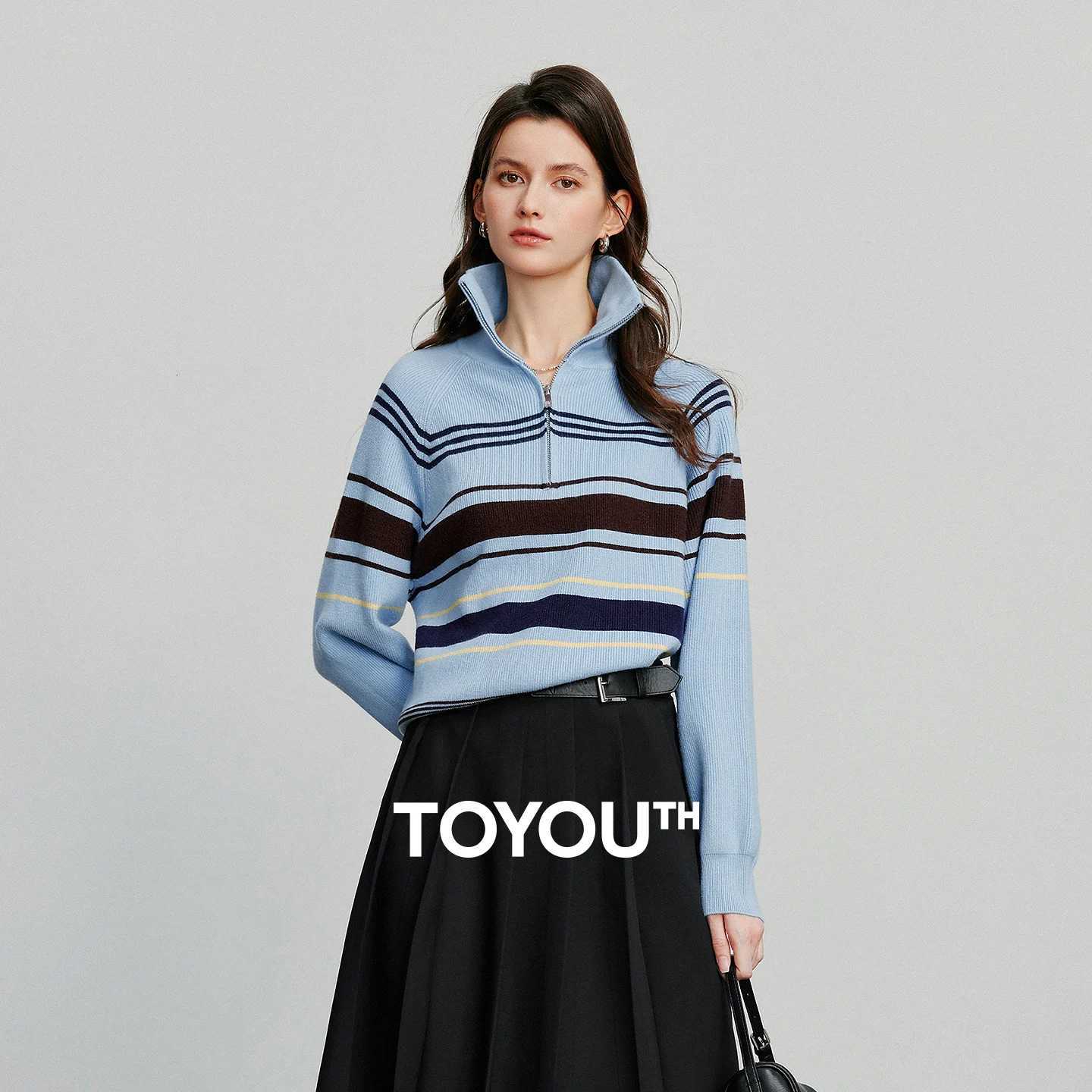Women's Sweaters TOYOUTH Women Knitted Sweater 2025 Autumn New Fashionable Style Striped Zipper High Collar Woolen Pullover Sweater Tops H26092
