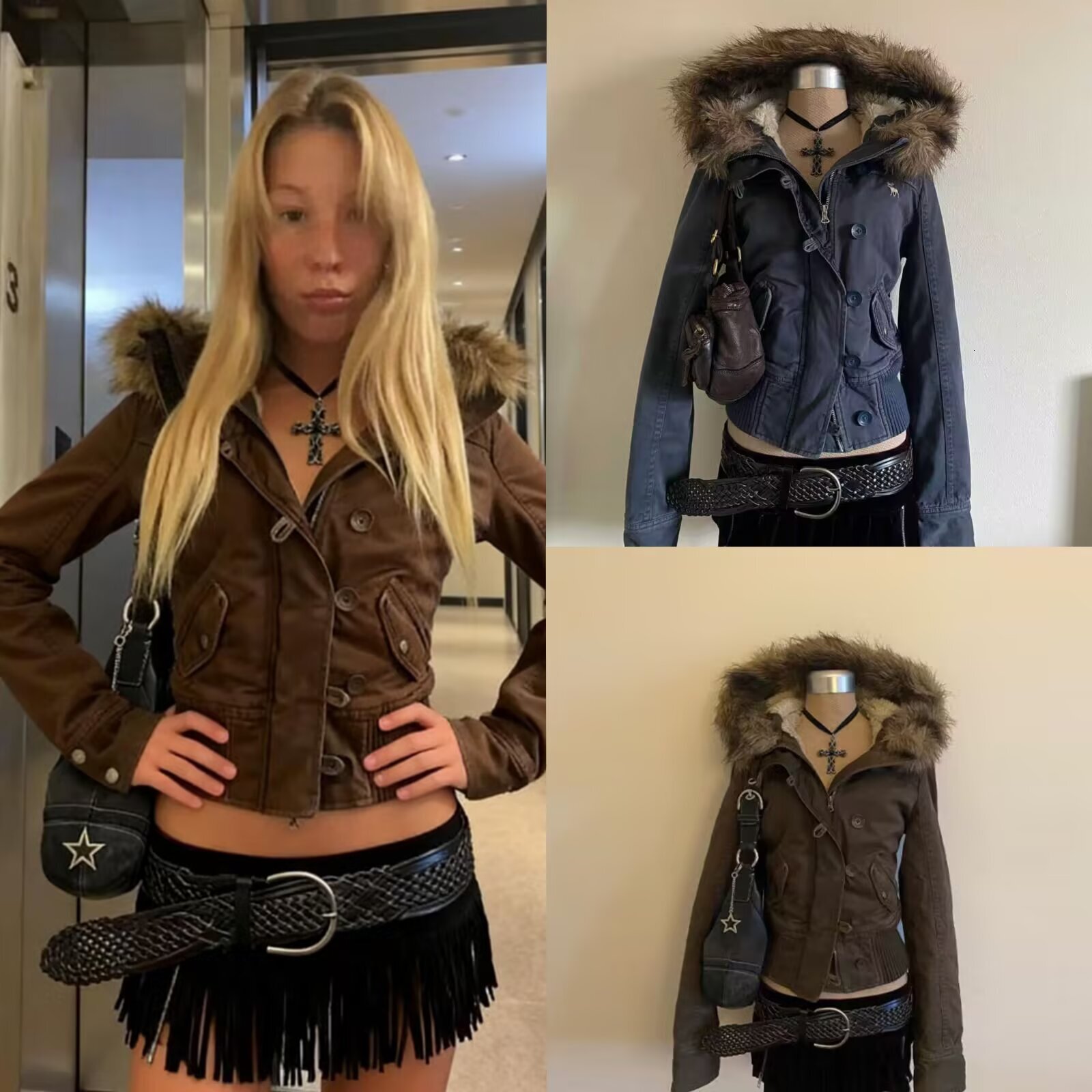 Designer foreign trade 2026 autumn new collection: women's short jacket with a faux fur collar and hood, fleece-lined and thickened