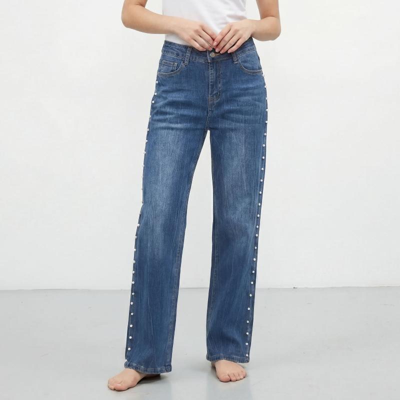 Pantalon en Denim Droit Ample Taille Haute pour Dames Goujon De Perles sur Le Côté Jeans en Denim Délavé Classique Cinq Poches Fermeture À Bouton