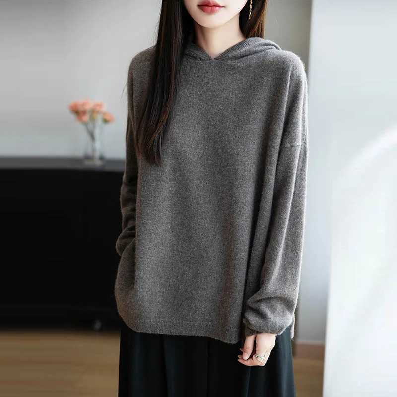 Women's Sweaters Yoyoselect new 100% Merino Wool Women's Loose Pullover Autumn Winter Hooded Sweater Solid Color Soft Warm Cashmere Clothi