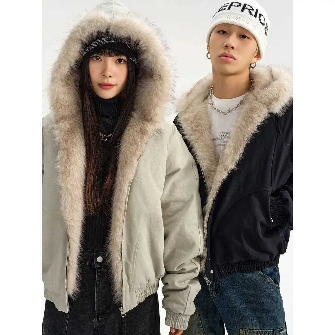 Men's Down Parkas 2025 Winter Plush Collar Jacket for Men American Retro Hip-hop Cleanfit Warm Men Clothing Parkas Couple Streetwear Zipper Coa
