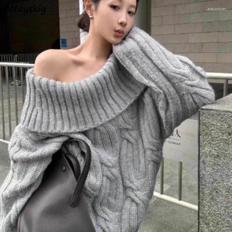 Pullovers Women Knitted Slash Neck Streetwear Girls Baggy Solid Minimalist Autumn Winter Off Shoulder Sexy Chic Design