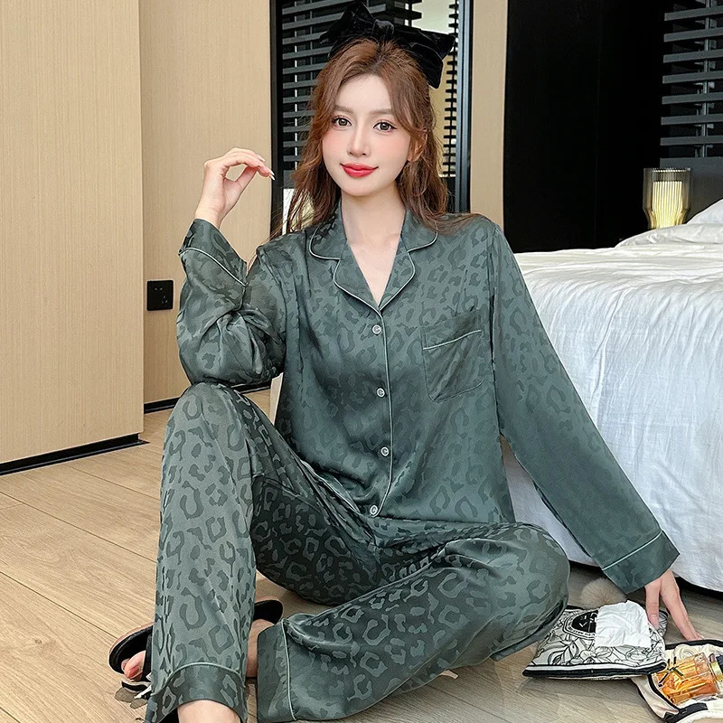 3XL Plus Size Leopard Pattern Spring Ice Silk Pajamas Women Long Sleeved Pants Set Can Be Worn Outerwear Sleepwear 260923