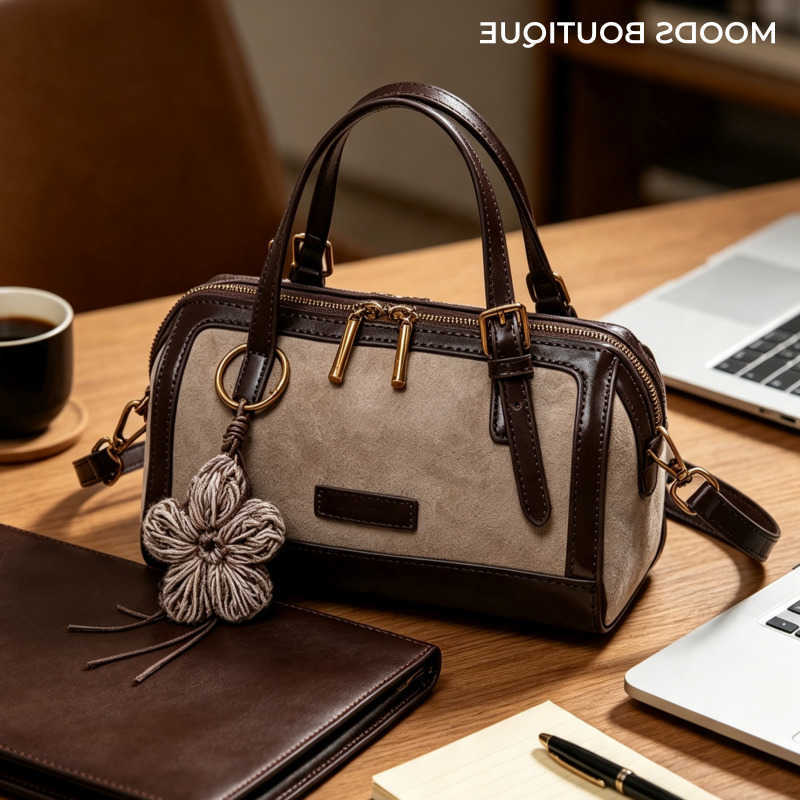 Cross Body Classic Vintage Mini Boston Shoulder Crossbody Bag For Lady PU Suede Patchwork Contrast Color Handbag With Flower Pendant D260923