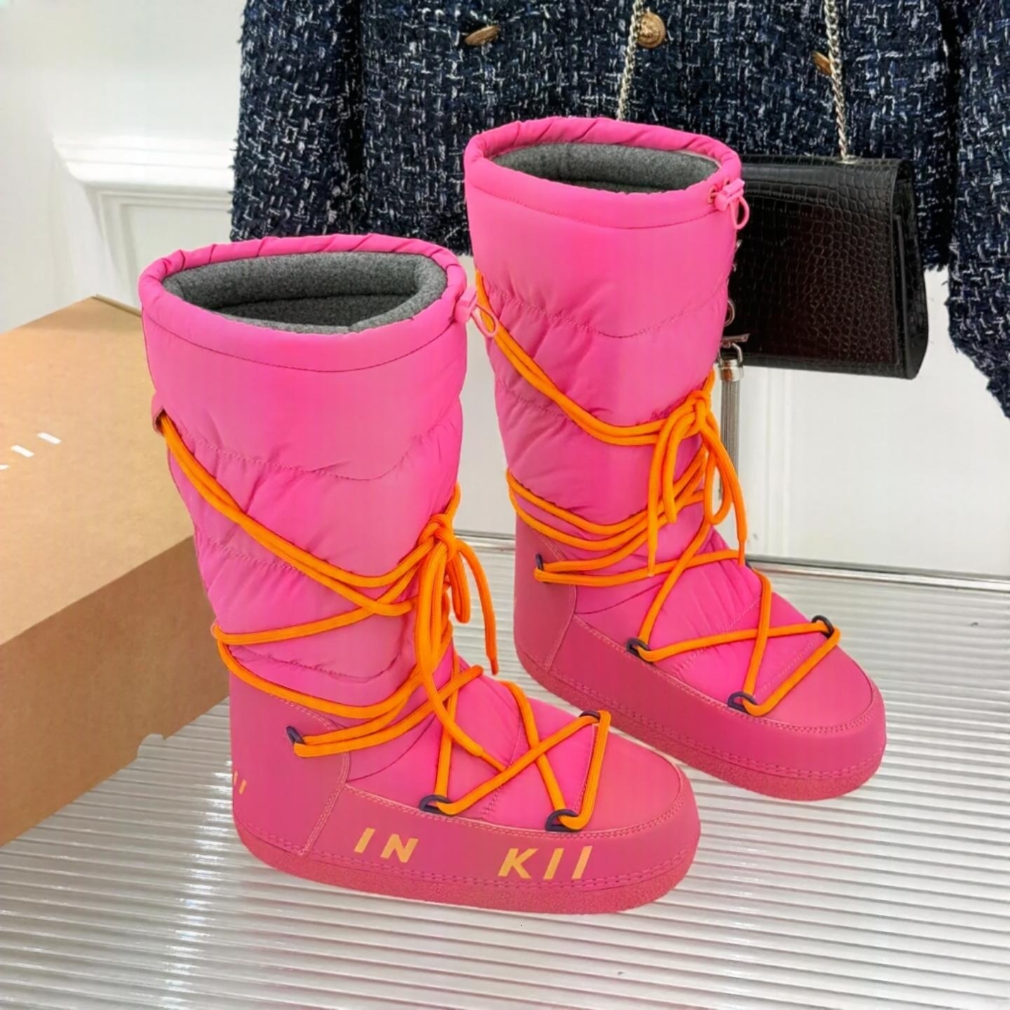 Women Boots Snow Winter Luxury Designer Waterproof Warm Mid Calf Lace Up Round Toe Fashion Outdoor Casual Platform Pink Black Red Beige White Soft W