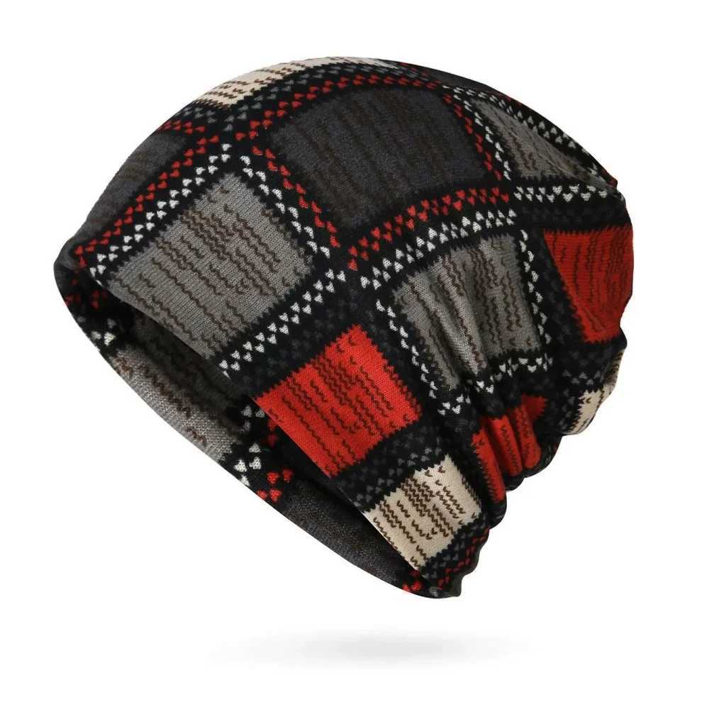 Vintage Printed Elastic Slouchy Beanie Autumn Winter Windproof Boho Neck Gaiter Classic Color Block Skull Cap For Women Men Z260922