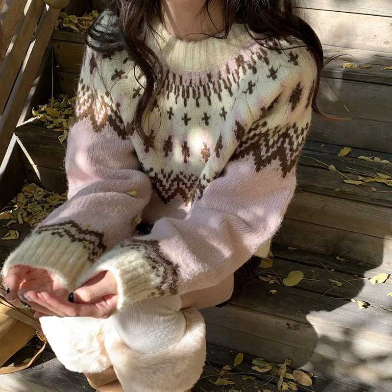 Women's Sweaters Women Knitting Sweater 2025 New Pink Sweater Women's Fair Isle Jacquard Preppy Style Autumn Winter Knit Pullover D260923