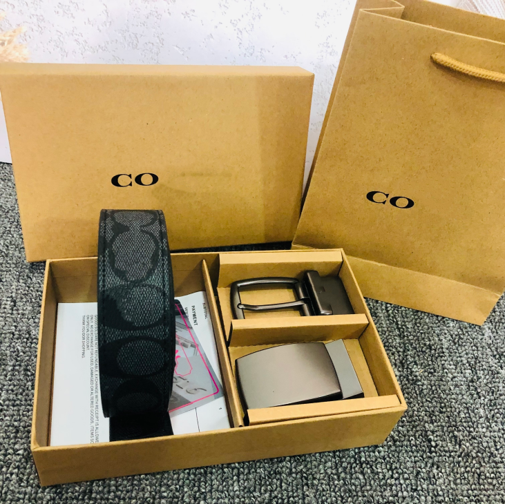 Luxury Men's Reversible Belt Gift Box Set, Classic Monogram Print Belt With Two Interchangeable Metal Buckles, Full Package With Gift Box & Sho