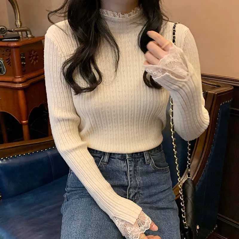 Women's Sweaters Knitted Sweater Women Pullovers Mock Neck Lace Knit Sweater Pullover Women Tops New Slim Long Sleeve Sweaters Knitwears Q6479