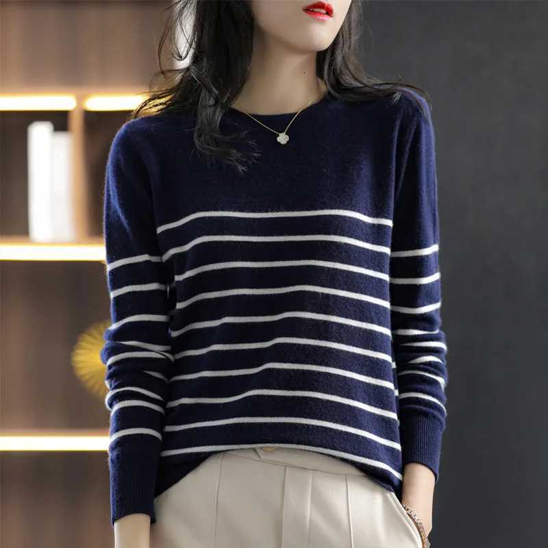 Women's Sweaters Pure Cotton Line Stripe Pop Sweater Women's Spring And Autumn Blouse Round Neck Knit Loose Inside With Outside Wear Botto