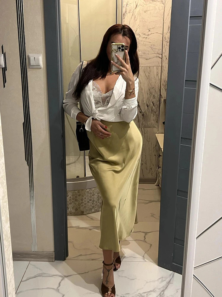 Fashion Satin Party Long Skirt High Waist Solid Color Casual Basic Women Skirts Fishtail Chic Summer Woman Clothing 260923