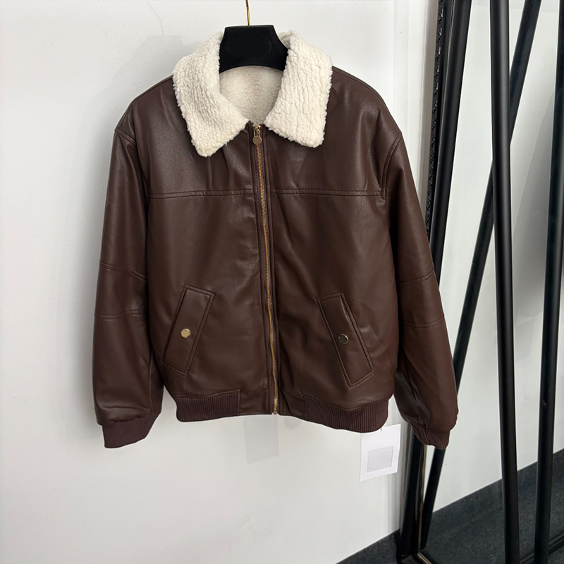 Designer Women Casual Bomber Coat Fleece Collar Faux Leather Warm Windproof Overcoat Winter Street Style Y2K Motorcycle Jacket