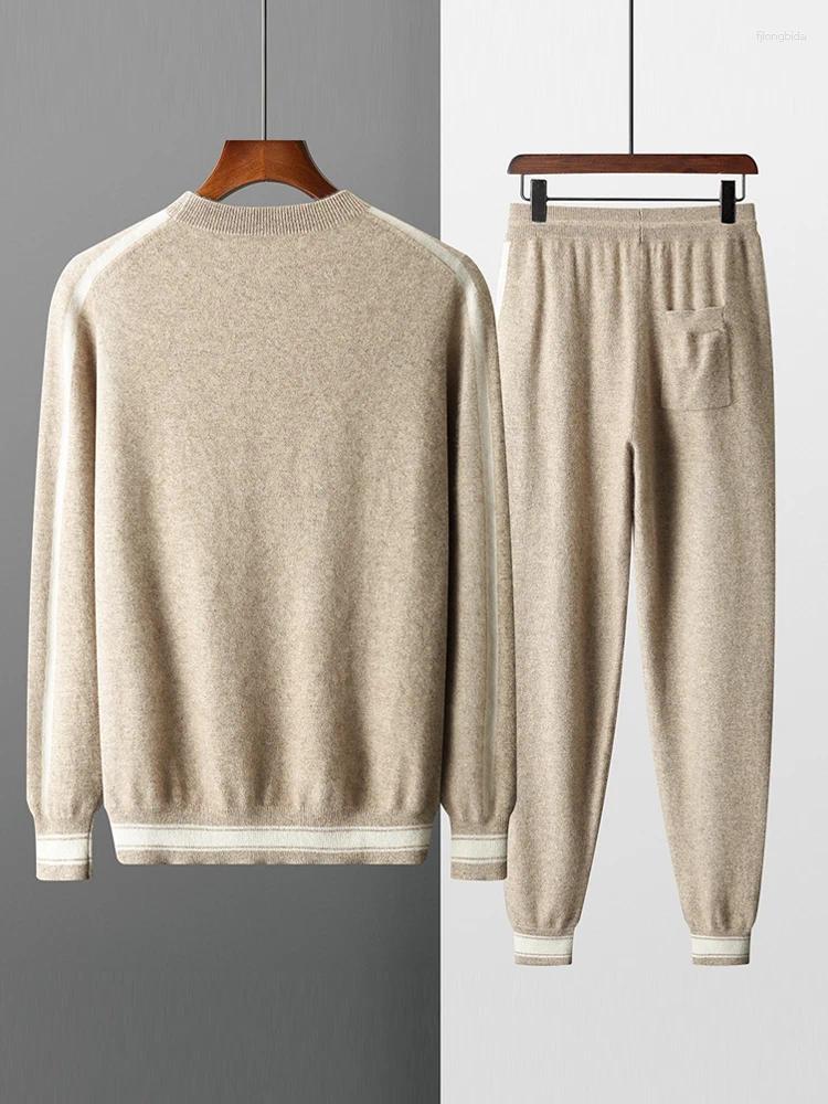 Autumn Winter Minimalist Men's Pullover Suite Casual Pants Sweater Loose Cashmere O-neck Thicken Striped Knitwear Soft Tops