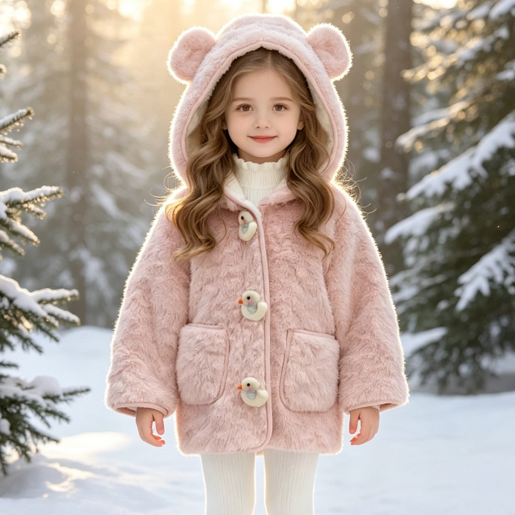 Korean children's clothing, girls' winter coat, 2026 new style, fleece-lined, fluffy top baby girls, thickened cotton jacket for children