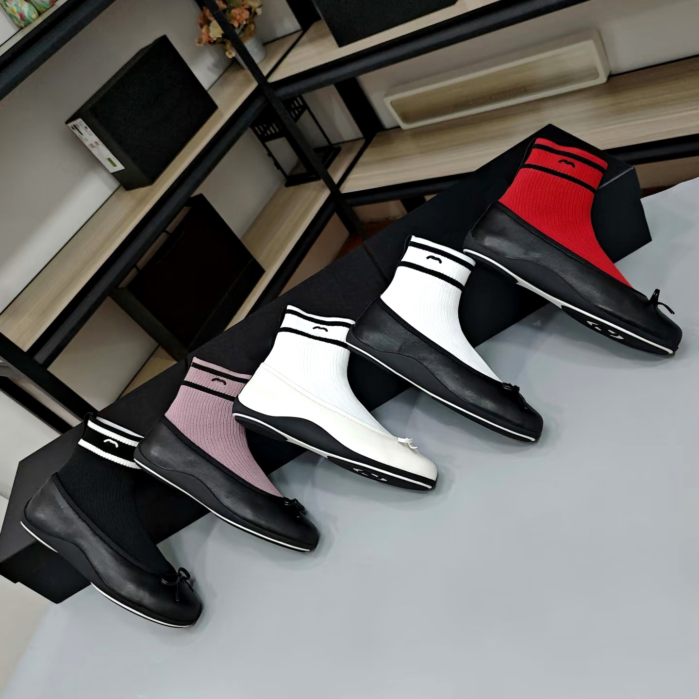 Women Knit Stretch Sock Boots Ankle Booties Leather Toe Bow Flat Striped Designer Luxury 10A High Quality Fashion Daily Chic Casual Elegant Charming