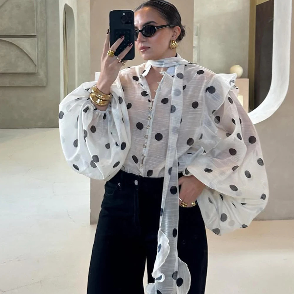 Ticketsx Polka Dot Ruffled Shirts Fashion Contrast Lace Up See Through Button Blouse Top Elegant Party High Street Women Shirt 260921
