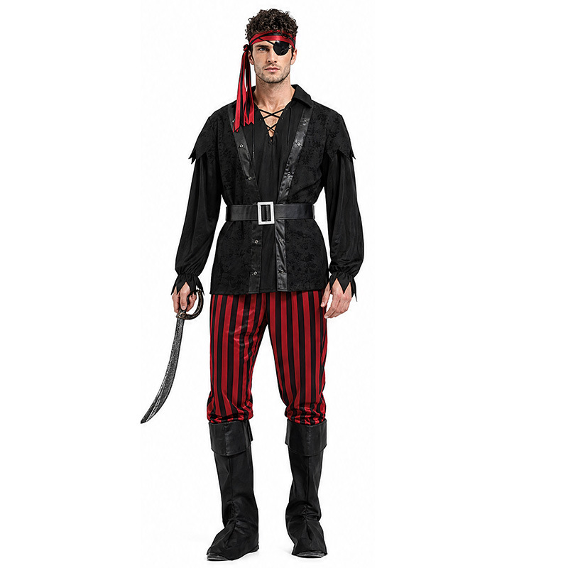 Costume de pirate d'Halloween pour hommes, haut noir, pantalon à rayures rouges avec bandeau, patch pour les yeux, tenue de cosplay de capitaine