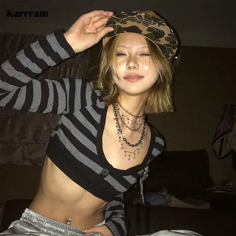 Karrram Trashy Y2k Crop Top Japanese 2000s Style Striped Long Sleeved T-shirt Vintage Harajuku High Street Tops American Retro260922