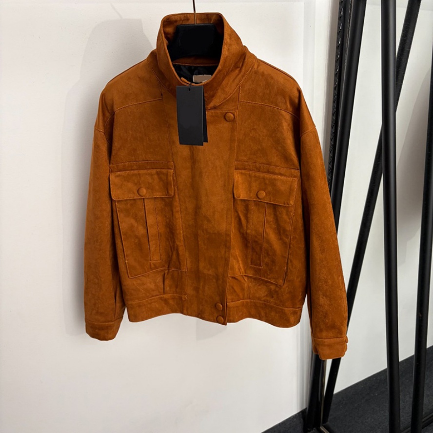 Women Retro Suede Jackets Designer Brown Loose Stand Collar Brand Coats Autumn Winter Thick Warm Windproof Outerwear