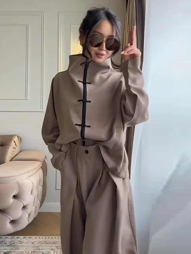 Solid Single Breasted Jacket Suit Loose Full Sleeve Lapel Jackets Wide Leg 2026 Spring Chic Casual Women Loose All-match Set 260918