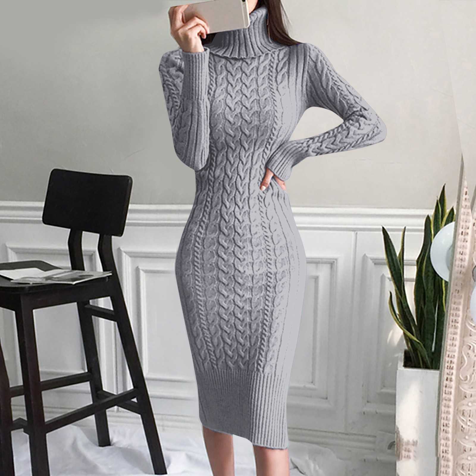 and Basic Autumn Casual Dresses Winter Womens Long Sleeve Turtleneck Sweater Dresses Warm Knitted Bodycon Pullovers Jumper Dresses Vestidos Largos L