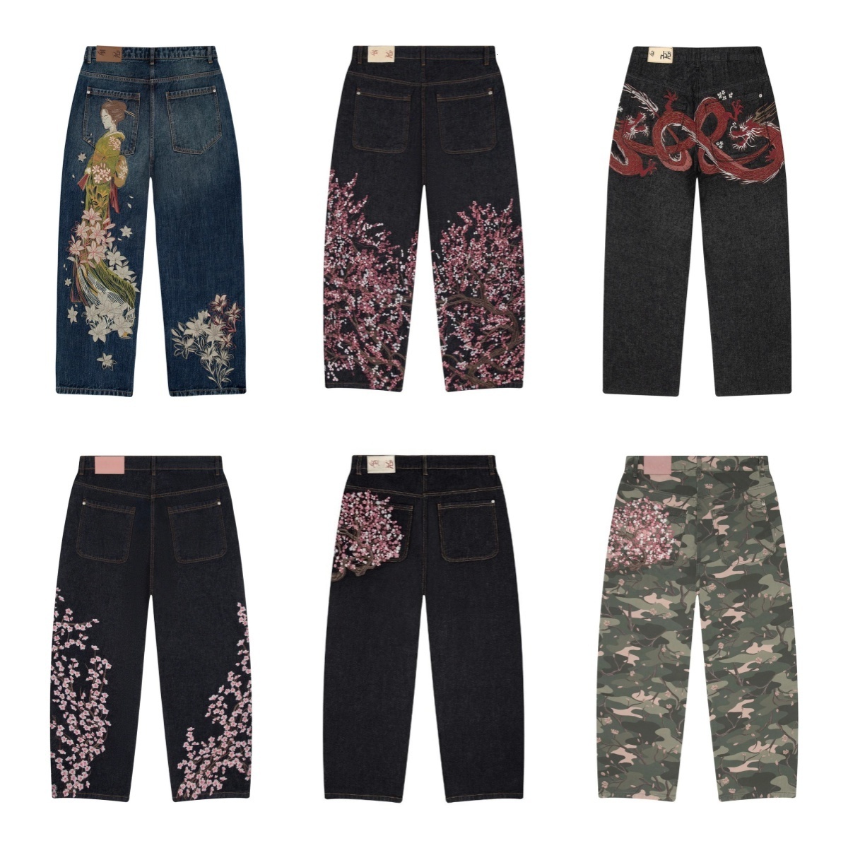 Men Jeans trousers Men's Jeans Derschutze Cherry Blossom Embroidery Vintage High Street Loose Denim Pants Y2k Women Baggy Straight Leg Jean Tro