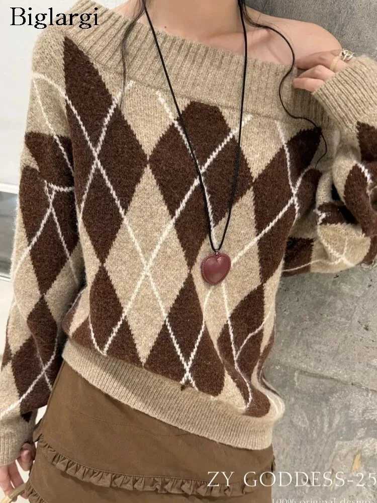 Women's Sweaters Plaid Knitted Sweater Pullover Women New Fashion Sexy One Off Shoulder Sweaters Ladies Korean Style Autumn Winter Woman Jumper