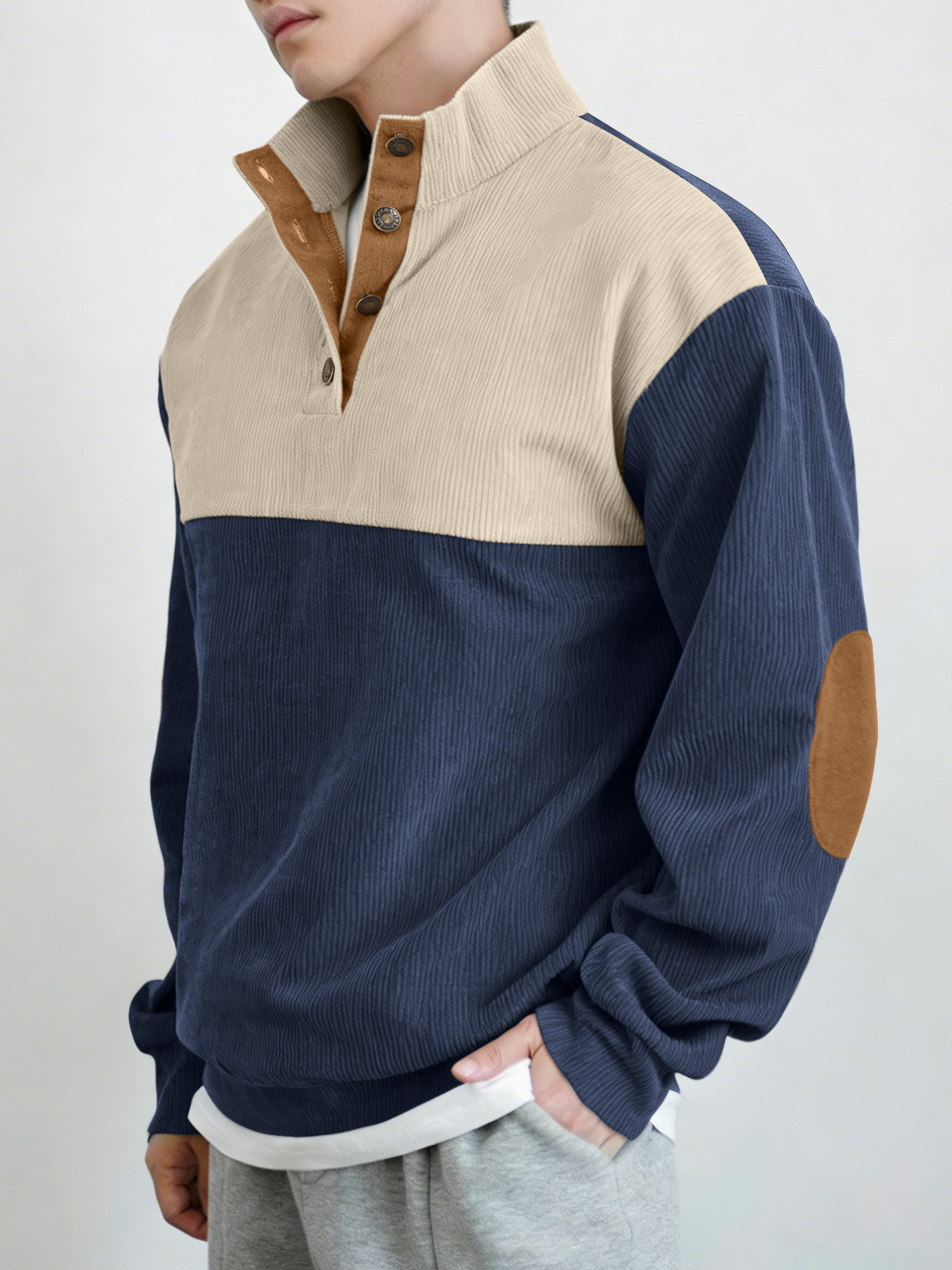 Sudadera de manga larga con cuello levantado y forro polar con bloques de color para hombre