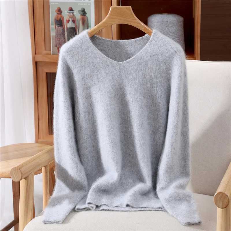 Women's Sweaters 100% Mink Cashmere Sweater Women's Autumn Winter New Style Solid Color V-Neck Plus Size Knitted Sweater Versatile Loose B