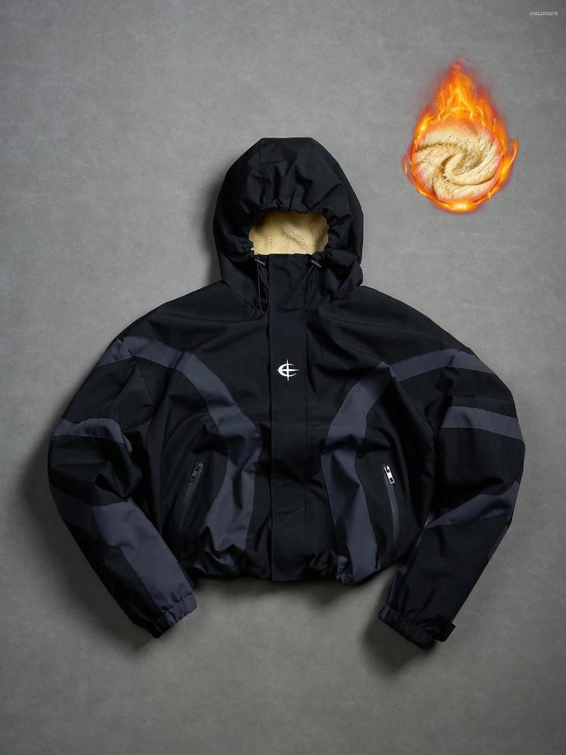 Winter Men's Short Fleece-Lined Jacket Warm Hooded Coat With Lamb Wool Lining Color-Blocking Functional Design Zip Pockets Drawstring