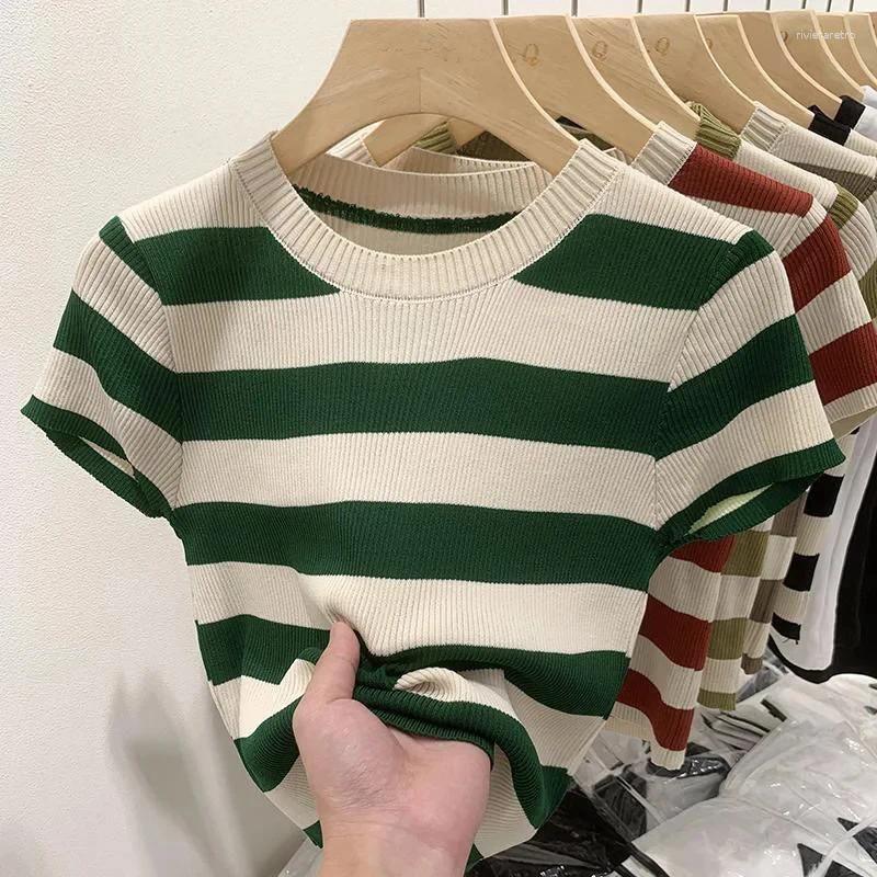 Women's Sweater 2026 Spring Summer O-neck Striped Short Sleeve Knitted T-shirt Korean Casual Pullovers Slim Top