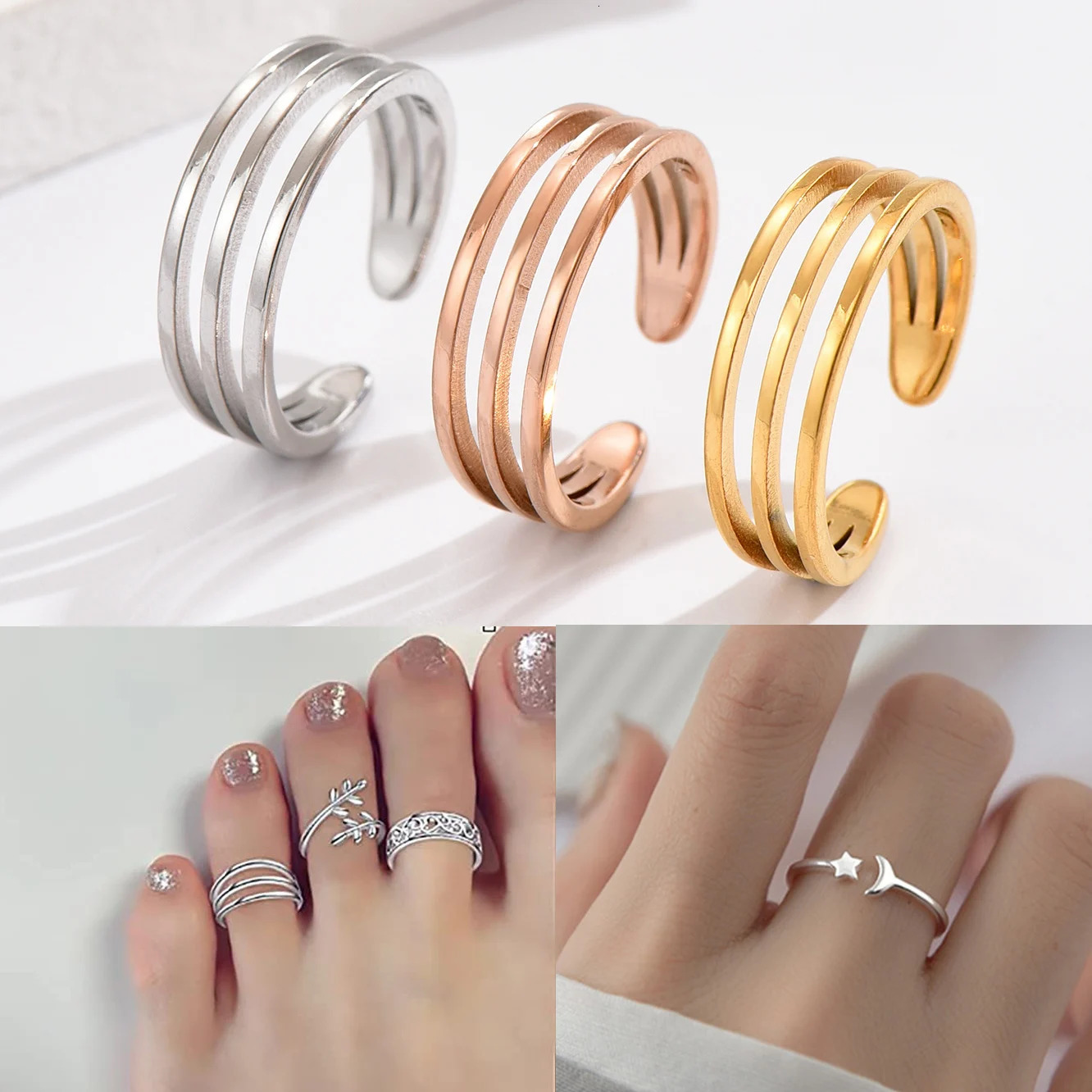 3Pcs Stainless Steel Simple Foot Ring Adjustable Opening Toe Ring for Women Girl Man Summer Beach Vacation Jewelry Finger Ring 260922