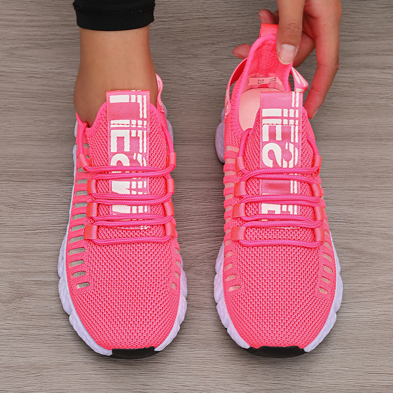 Women's Sneakers Knitted Mesh Breathable Fashionable Lightweight Soft Lace Up Flexible Trendy Exercise Walking Flat Shoes
