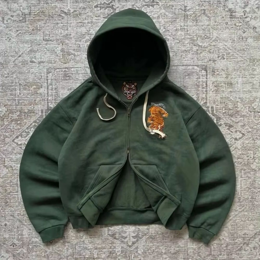 Y2k Men Women Casual Tiger Embroidery Hoodie Oversized Zip Up Sweatshirts Long Sleeve With Kangaroo Pocket Olive Green Clothes 26L0923
