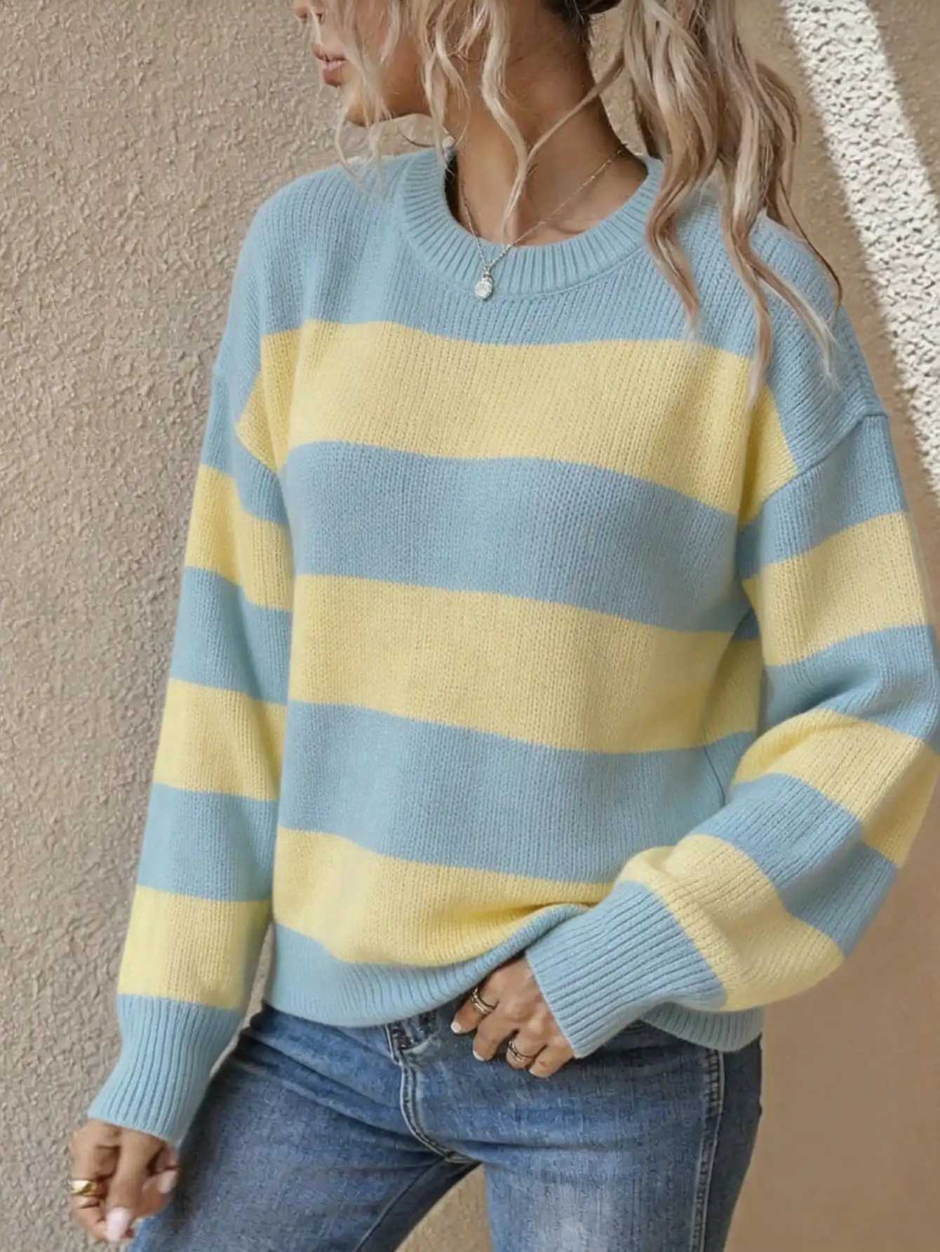 Women's Sweaters Women's Blue Yellow Striped Sweater Standard Size Oversized Crewneck Long Sleeve Loose Fit Autumn Winter Pullover H260923