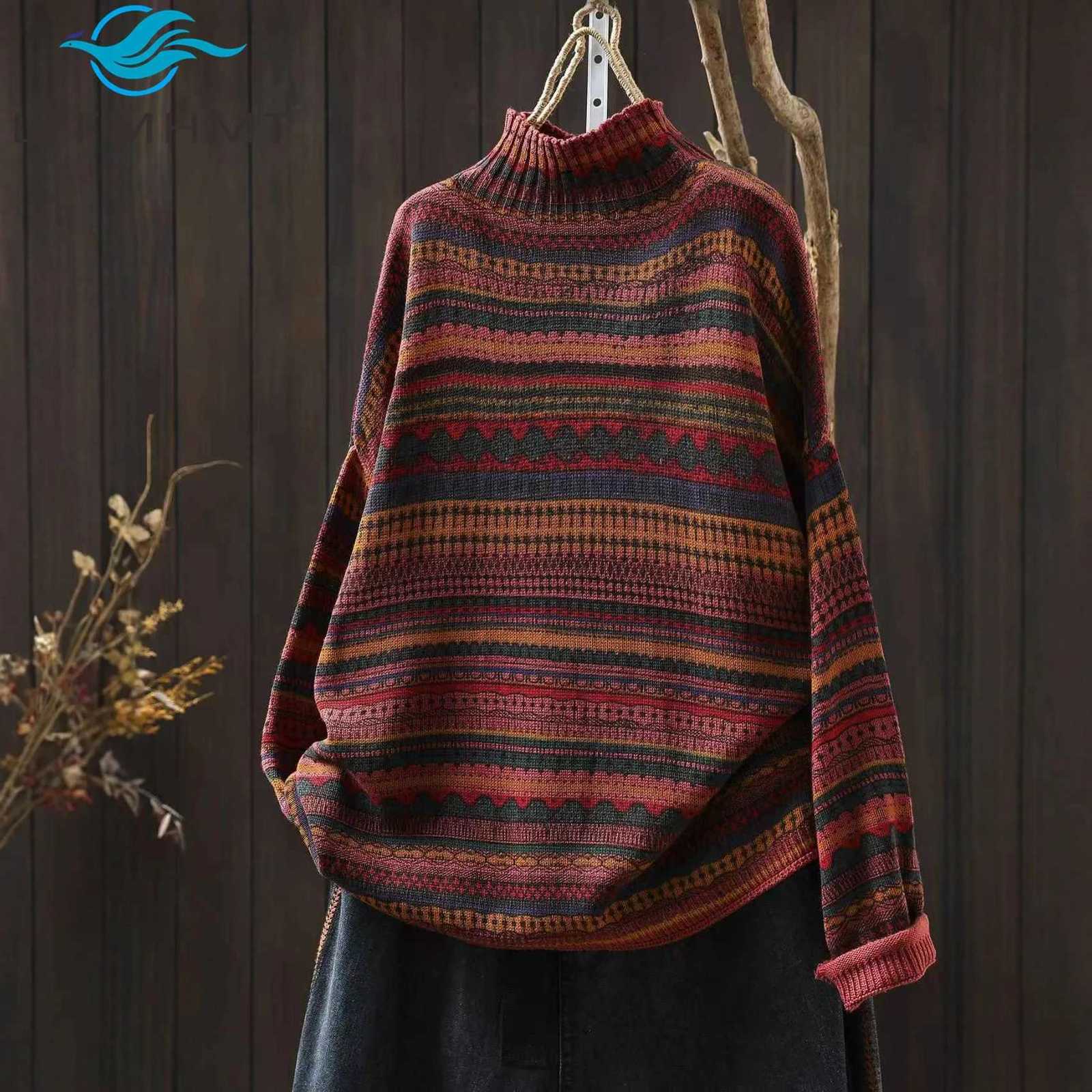 Women's Sweaters 2025 New Arrival Autumn Winter Women's retro Cotton Stripe Print Knitted Sweater Semi High Neck Loose Pullover for Casual