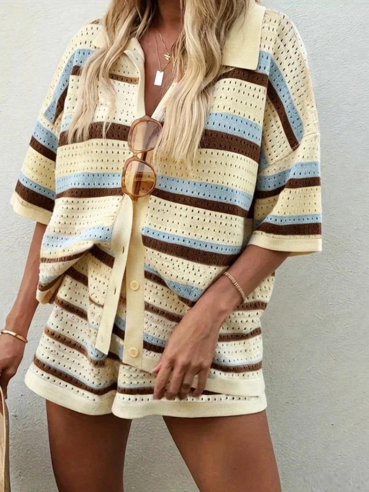 Summer Women's Striped Short-sleeved Short Sets Explosion Color Shorts Matching Casual Elegant 2 Pieces Clothing