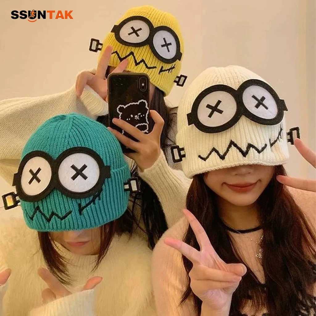 SSUNTAK Cute Funny Robot Knit Beanie Hat Men Women Autumn Winter Warm Knitted Hat Personality Streetwear Hip Hop Skull Cap Z260922
