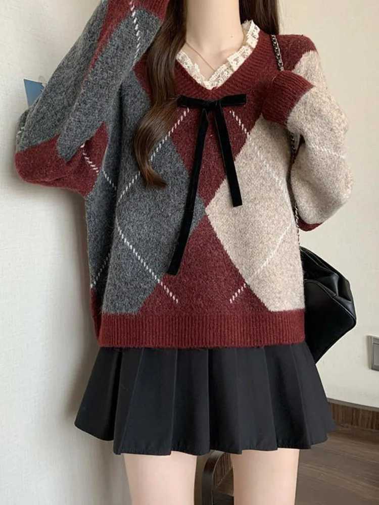 Women's Sweaters 2026 Lingge V-Neck Loose Knitted Pullover Women's Casual Korean Fashion Baggy Sweater Top Fall Winter Knitwear Soft Slim