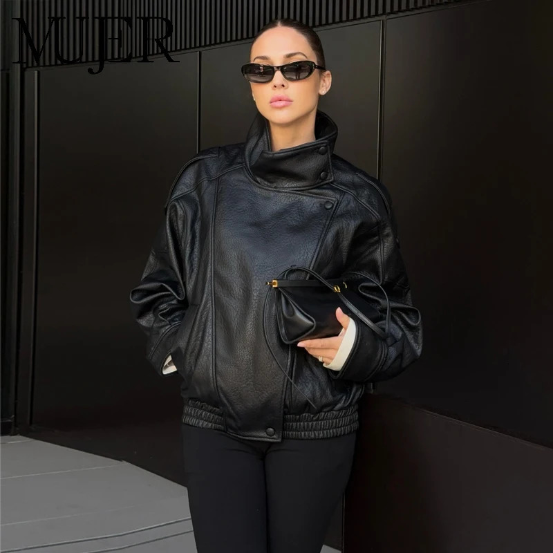 MUJER Black Faux Leather Jackets for Women Outerwears Office Women's Bomber Jacket Snap Button Demi-season Jacket for Women Coat 260923