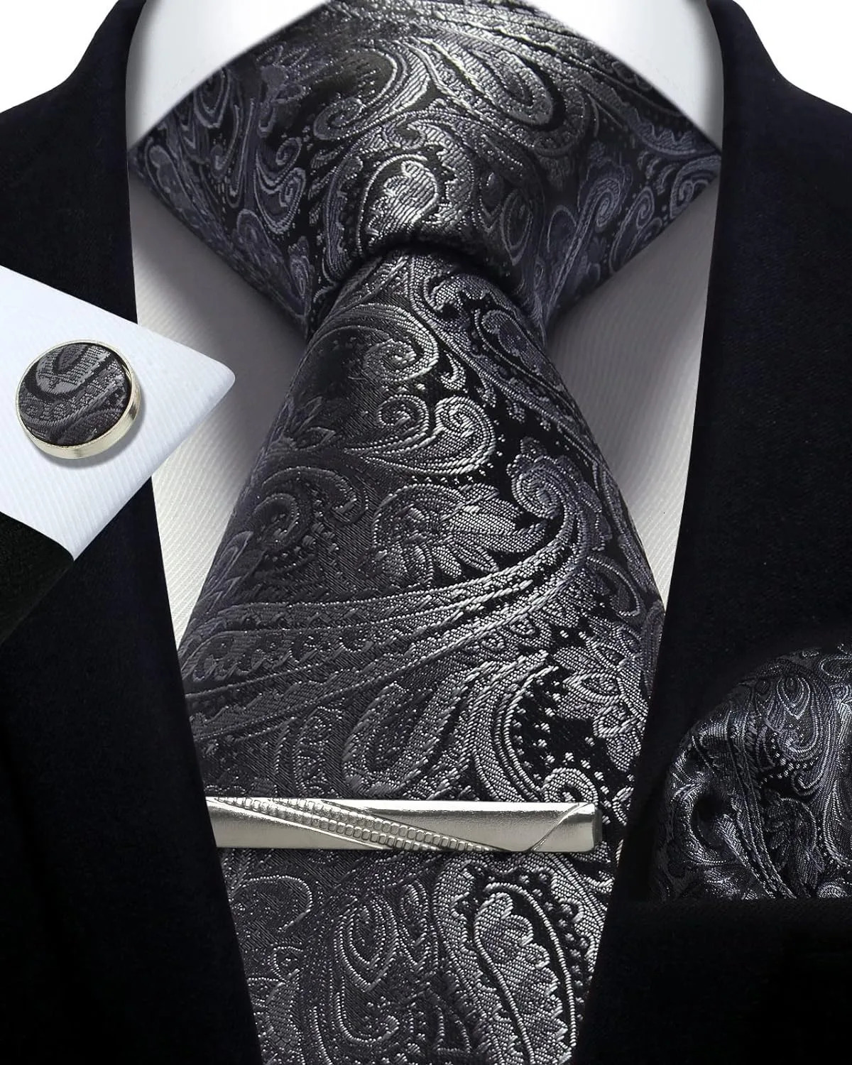 Mens Tie Set Silk Silver Paisley Floral Necktie and Pocket Square Cufflinks Tie Clip Classic Formal Ties for Men Wedding Party 260923
