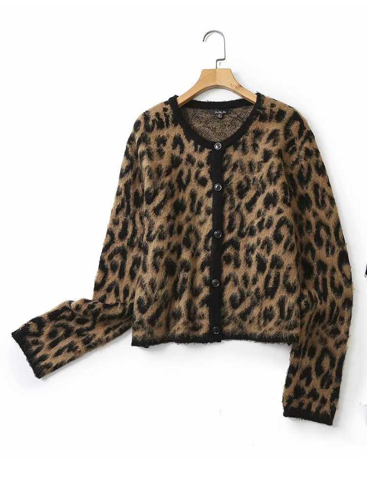 Women's Sweaters Korean retro Women Loose Casual Leopard Print Knitted Sweater Fashion Round Neck Long sleeved Cardigan Women's Short Jack