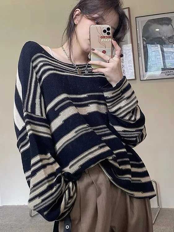 Women's Sweaters Loose Knitted Stripe Sweater Women's Spring Autumn Thin Lazy Style Base Shirt Korean Version round Neck Long Sleeve Top H
