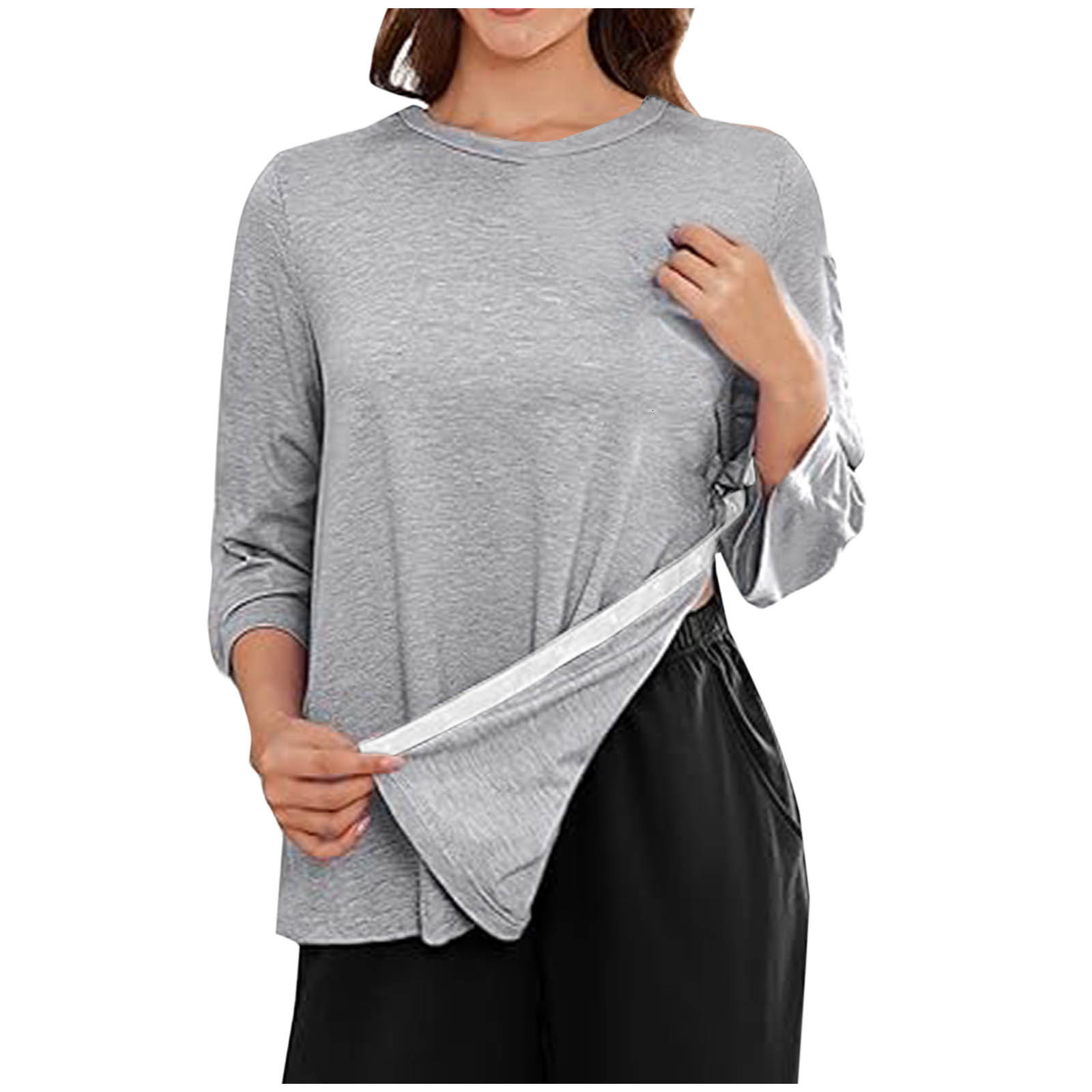 European and American Style Amazon Women's Long Sleeve T-Shirt, Side Seam Design, Adjustable Buttons, Round Neck, Casual Loose Fit