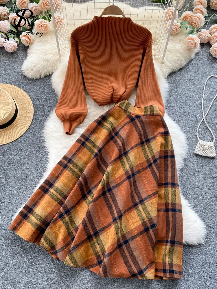 SINGREINY Women Retro Sweater Suits Fashion Lantern Sleeve Sheath Knitted TopElastic Loose Long Skirt Two Pieces Sets 260923