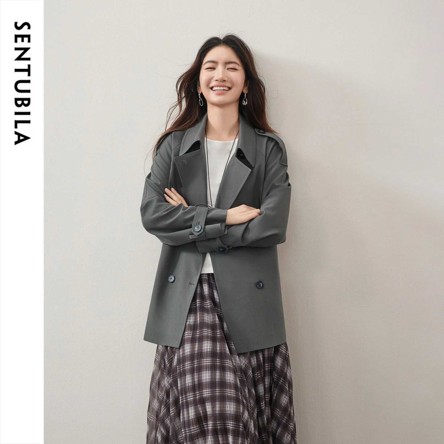 SENTUBILA Women Trench Coat 2026 Autumn Wool-blend Gray British Style Lapel Collar Loose Slim Daily Office Outerwear 163FB7776 M260922