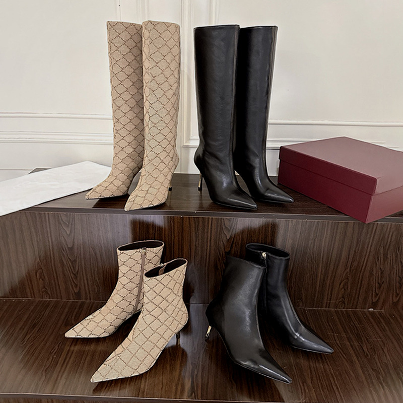 High Quality Bombshell Boot Women Designer Thigh High Heel Boots Letter Print Printed Canvas Shoes Pointed Toe Boots Elegant Stiletto Heels Over The