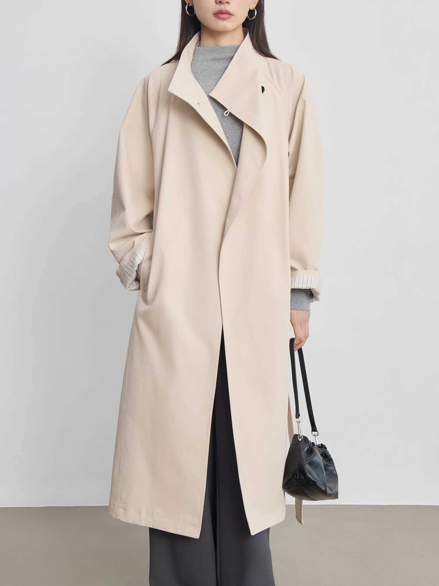 ZIQIAO Stand Collar Khaki Trench Coat Women's Mid-length Spring Autumn 2024 New Design All-match Coat For Female M260922