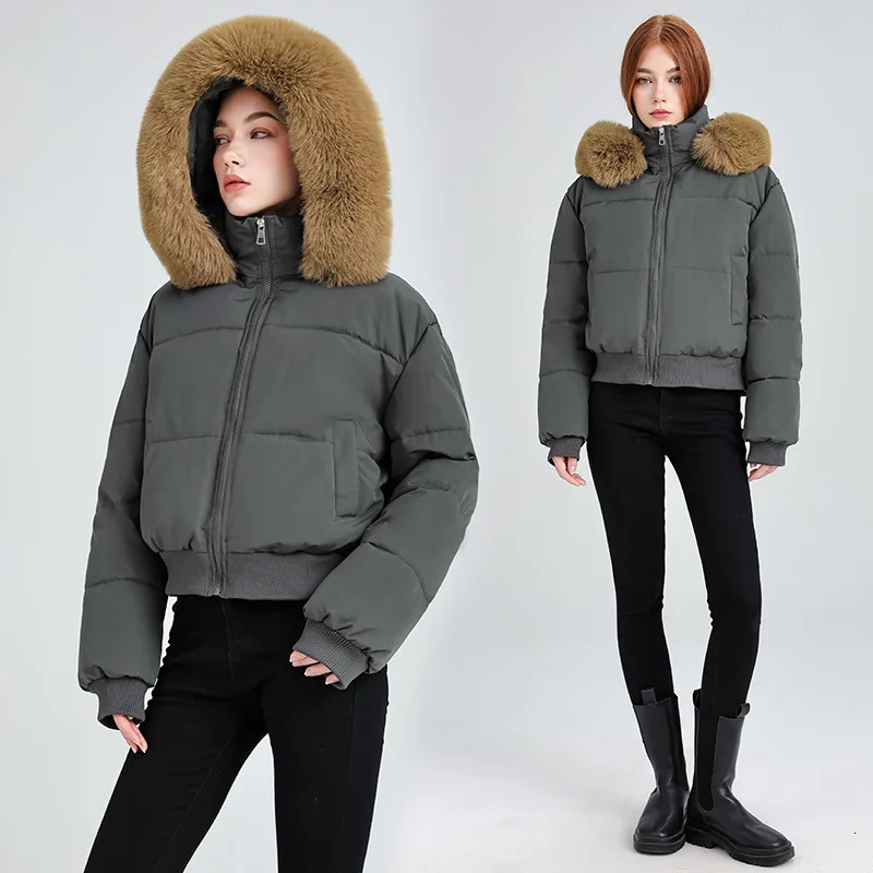 Korean Style Down Cotton Coat 2026 Thicken Short Womens Winter Jacket Casual Warm Fur Hooded Cropped Parkas Chic Streetwear 260923